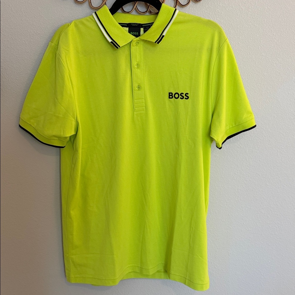 NWOT BOSS Men's Neon Lime Green Polo with Contrast Trim